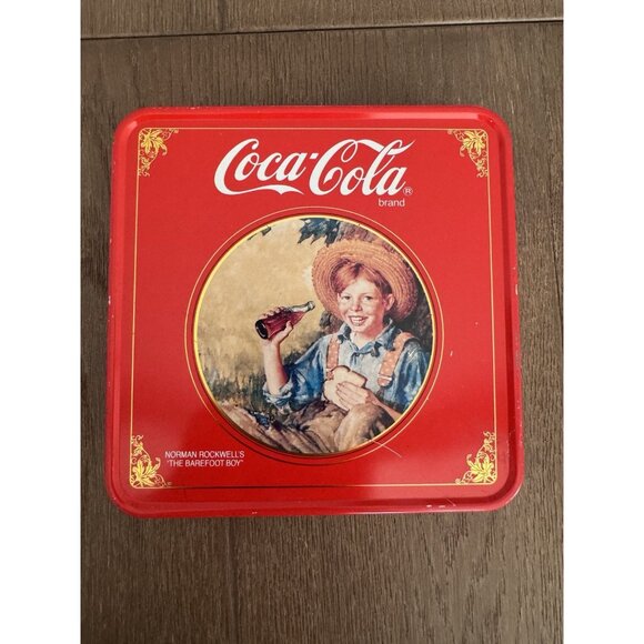 VTG Coca-Cola Norman Rockwell “Barefoot Boy” Handkerchiefs Coke Tin Only - Picture 1 of 7